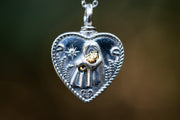 Sterling silver and gold cat and girl heart urn pendant. sterling silver necklace for ash, sterling silver necklace for pet ash, necklace for cremation, jewelry for cremation.